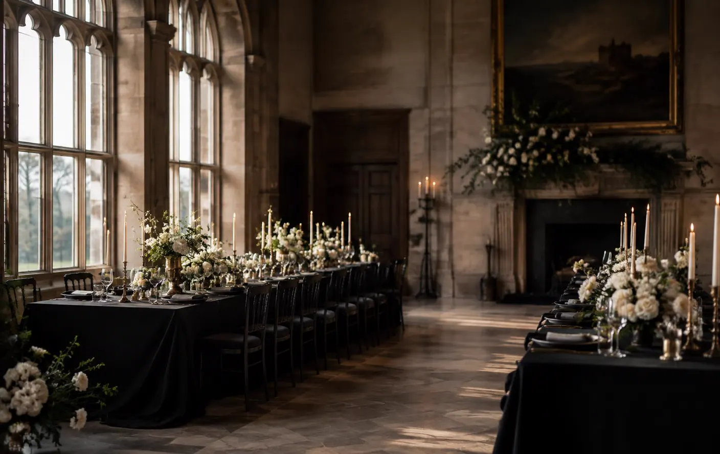 Refined black and ivory wedding reception styling
